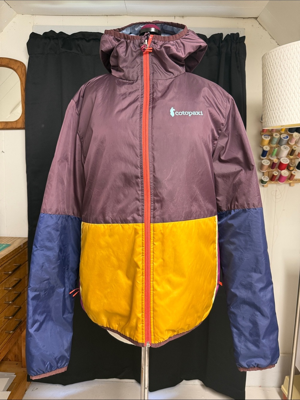 cotopaxi Colorblock Hooded Puffer Jacket in Plum, Yellow & Blue